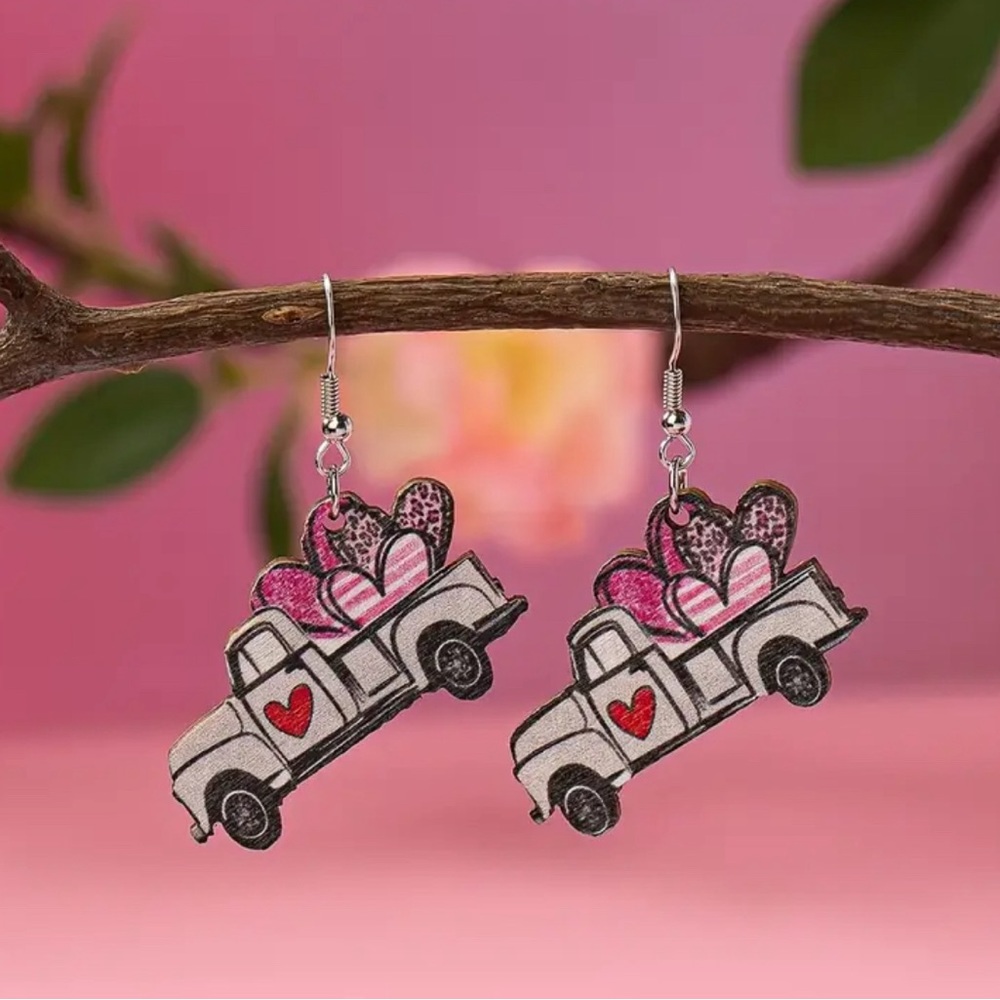 Heart Car Design Dangle Earrings Style Wooden Jewelry Valentine's Day